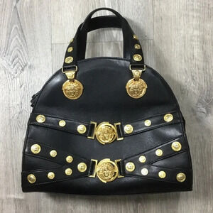 Versace Black Leather Handbag with Gold Medallions